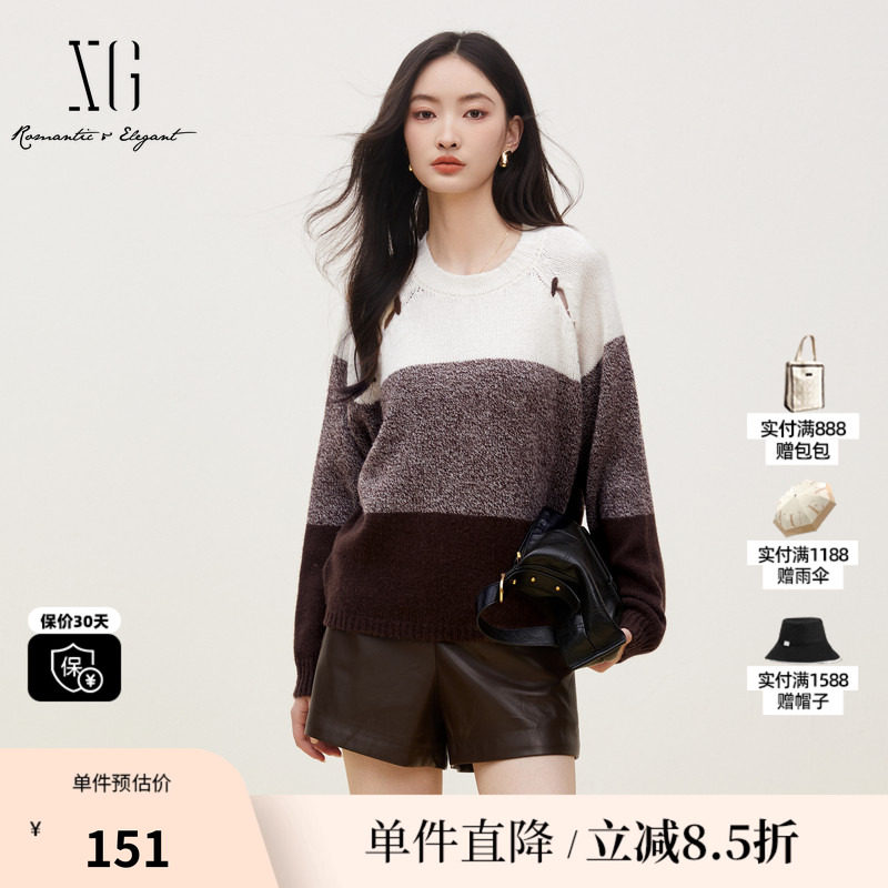 XG雪歌XK311701B898拼色镂空毛针织衫时尚秋季新款纯绵羊毛毛衫女