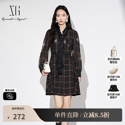 XG/雪歌XJ304014B395格纹长袖连衣裙时尚秋季新款通勤衬衫A字裙女