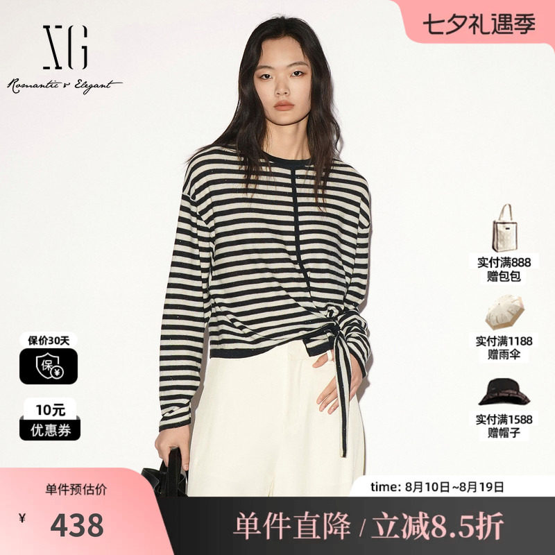 XG/雪歌 XL311022B299黑白条纹棉感圆领绑带长袖针织衫落肩休闲女
