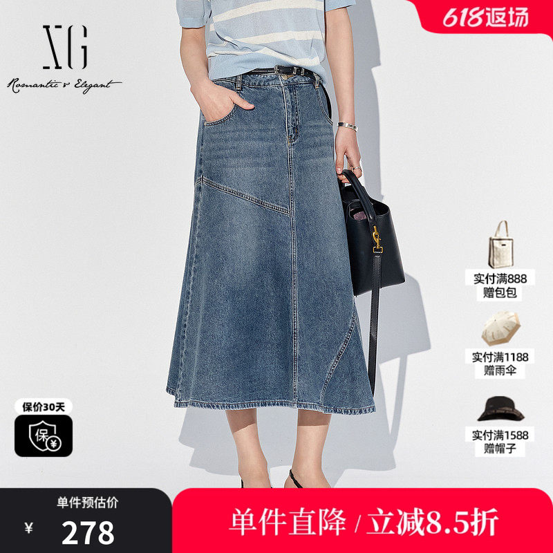 XG/雪歌XK203008A519水洗牛仔半身裙2025夏季新款薄款纯棉A字裙女