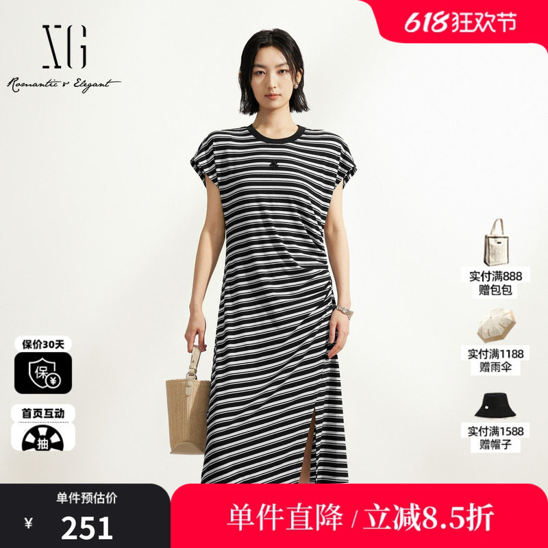 XG/雪歌XM204532B899黑白条纹短袖T恤连衣裙收腰不规则中长裙女装