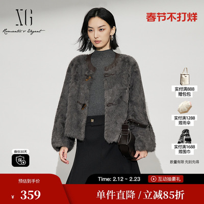 XG/雪歌XL407615A883拼接设计短外套2025冬季新款长袖皮草外套女