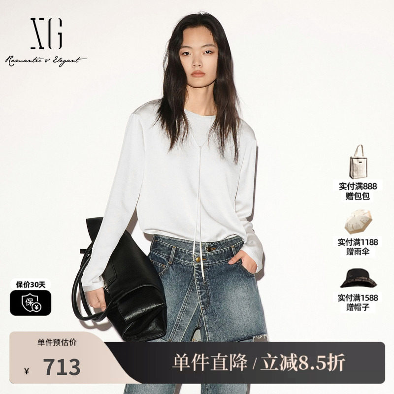 XG/雪歌 XL321009A291米白色系带圆领长袖套头衬衫宽松直筒简约女