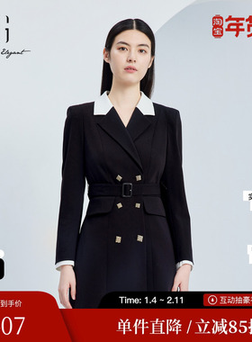 XG/雪歌XJ304025A590黑色长袖连衣裙时尚秋季新款羊毛西装短裙女