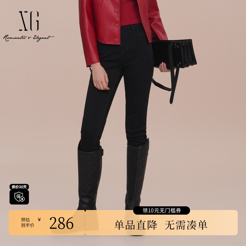 XG雪歌XK102016A190黑色水洗牛仔裤2025春季新款修身微弹铅笔裤女