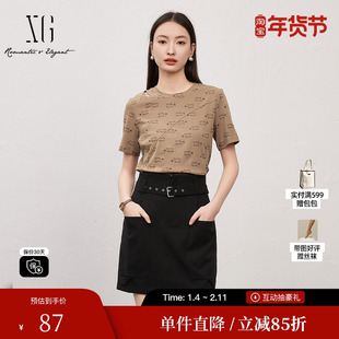 XG/雪歌XK201563B809咖色镂空T恤 时尚夏季新款满版印花上衣女装