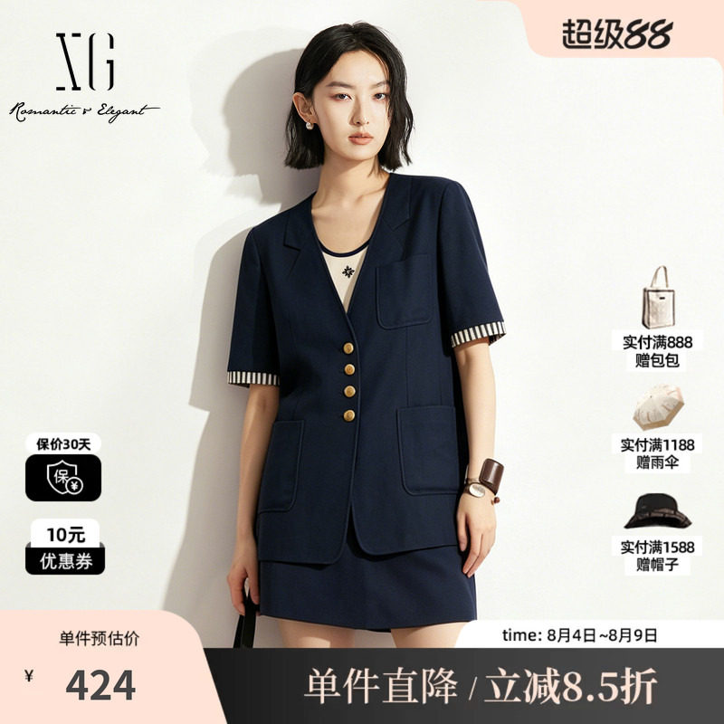XG/雪歌XK307712A828藏青色条纹翻边短袖V领西装外套直筒休闲女装