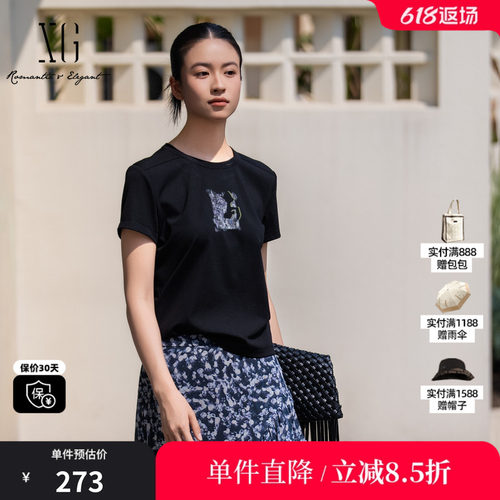 XG/雪歌XL201025A490黑色莱赛尔圆领短袖T恤薄印花正肩休闲上衣女