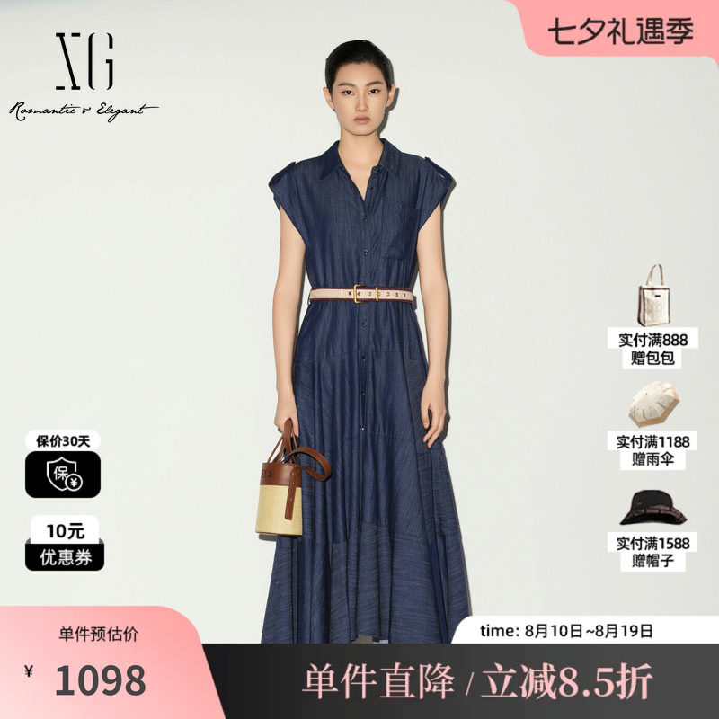 XG/雪歌XL204039A219牛仔蓝色无袖连衣裙配腰带棉感中长A字伞裙女