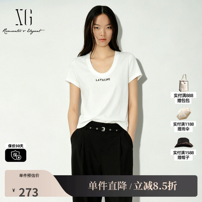 XG/雪歌XL201012A151 白色莱赛尔短袖T恤薄款U领字母直筒上衣女装