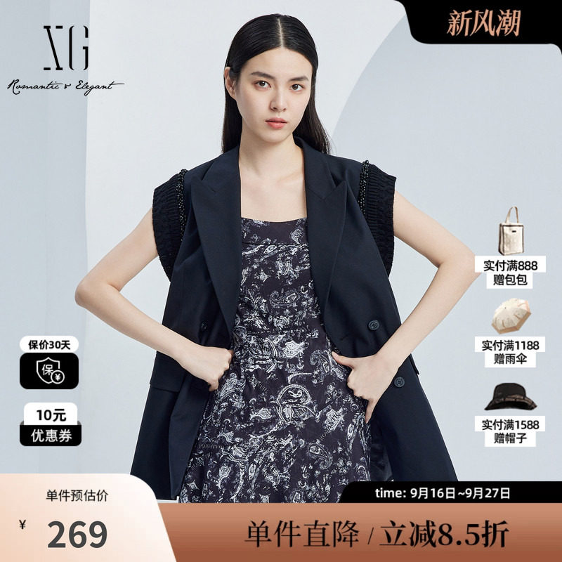 XG雪歌XJ324003A290黑色通勤马夹2025秋季新款长款西装马甲外套女