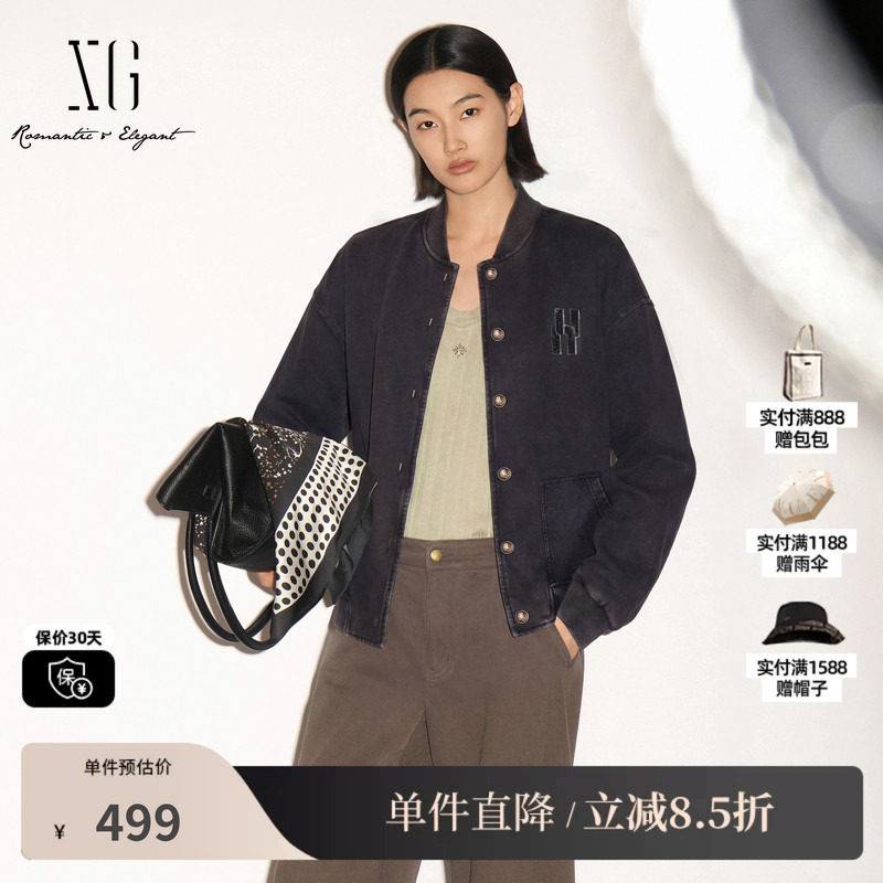 XG/雪歌 XK307685A883深灰色纯棉做旧棒球领长袖外套宽松休闲女装