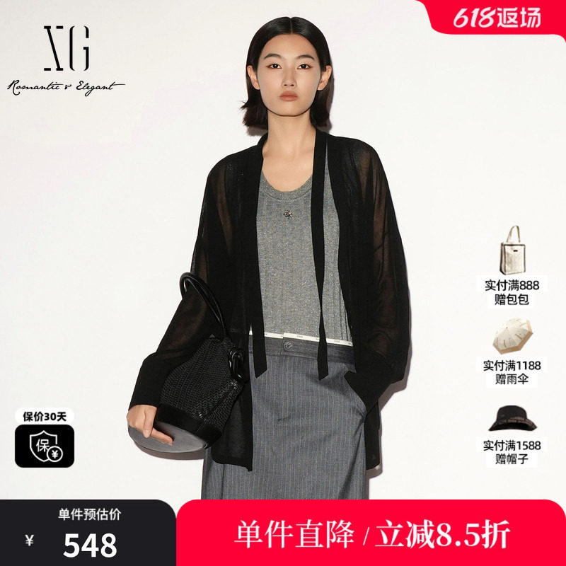 XG/雪歌XL311031A128黑色棉感醋纤V领长袖针织开衫薄领带外套女装