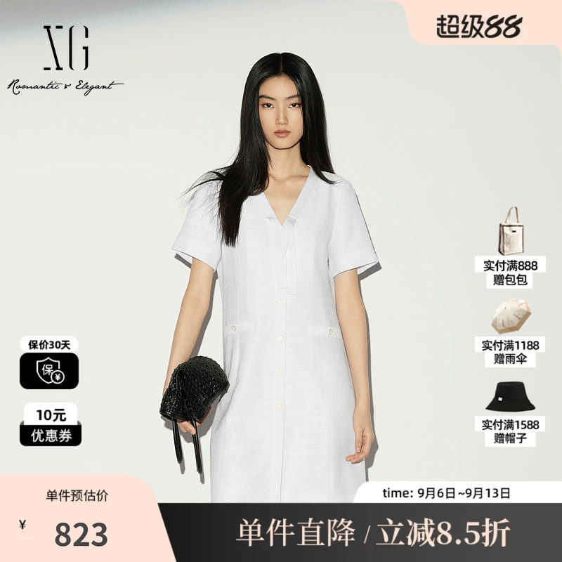 XG/雪歌XL204024A251白色V领飘带短袖连衣裙收腰简约直筒中裙女装