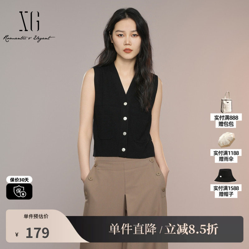 XG/雪歌XK311009A190黑色V领无袖针织马夹背心直筒修身内搭马甲女