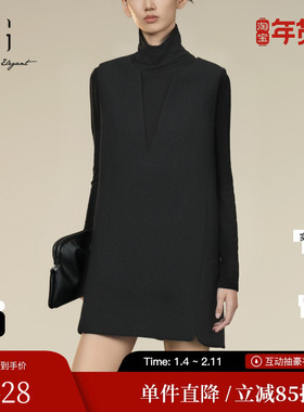 XG/雪歌XK404403A590黑色长袖连衣裙2025冬季新款羊毛直筒裙女装