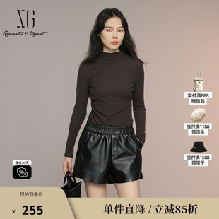 XG/雪歌XK301004A672深咖色长袖T恤2025秋季新款修身半高领上衣女
