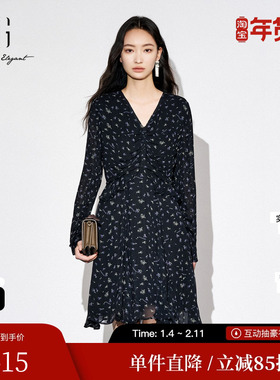 XG/雪歌XK304017B493碎花高腰长袖连衣裙2025秋季新款收腰A字裙女