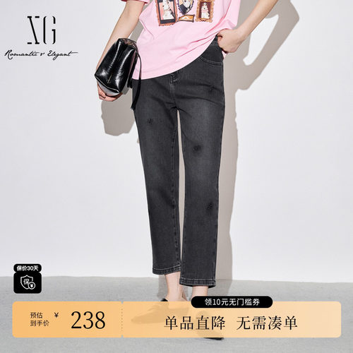 XG/雪歌XJ302019A290黑色弹力牛仔裤时尚秋季新款修身直筒长裤女