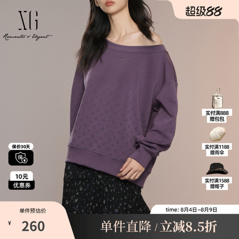 XG/雪歌XK301002A403印花长袖套头卫衣2025秋季新款深紫色上衣女