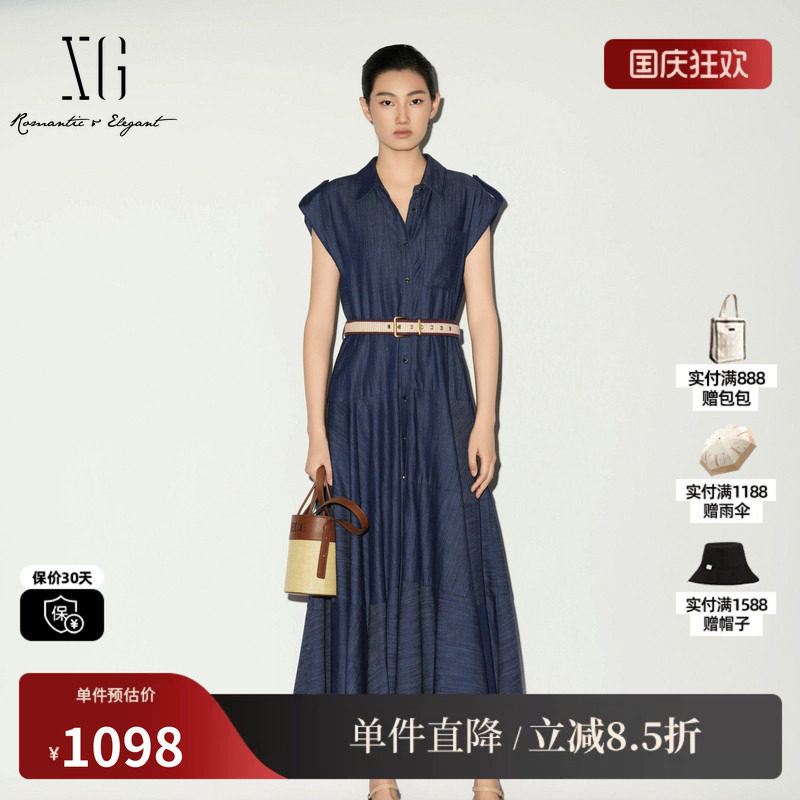 XG/雪歌XL204039A219牛仔蓝色无袖连衣裙配腰带棉感中长A字伞裙女