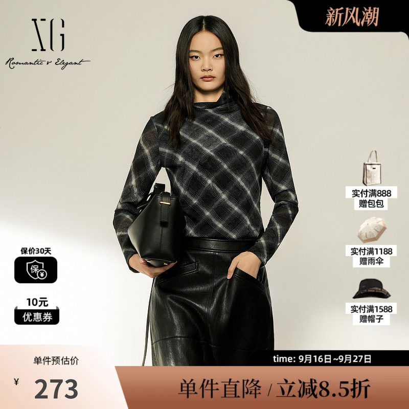 XG/雪歌XL401009B505格纹半高领直筒修身长袖T恤打底内搭上衣女装