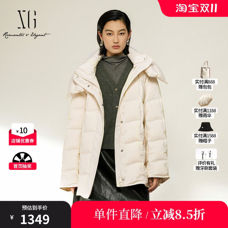 XG/雪歌 XL406009A491米白色连帽翻领腰带白鸭绒羽绒服保暖外套女