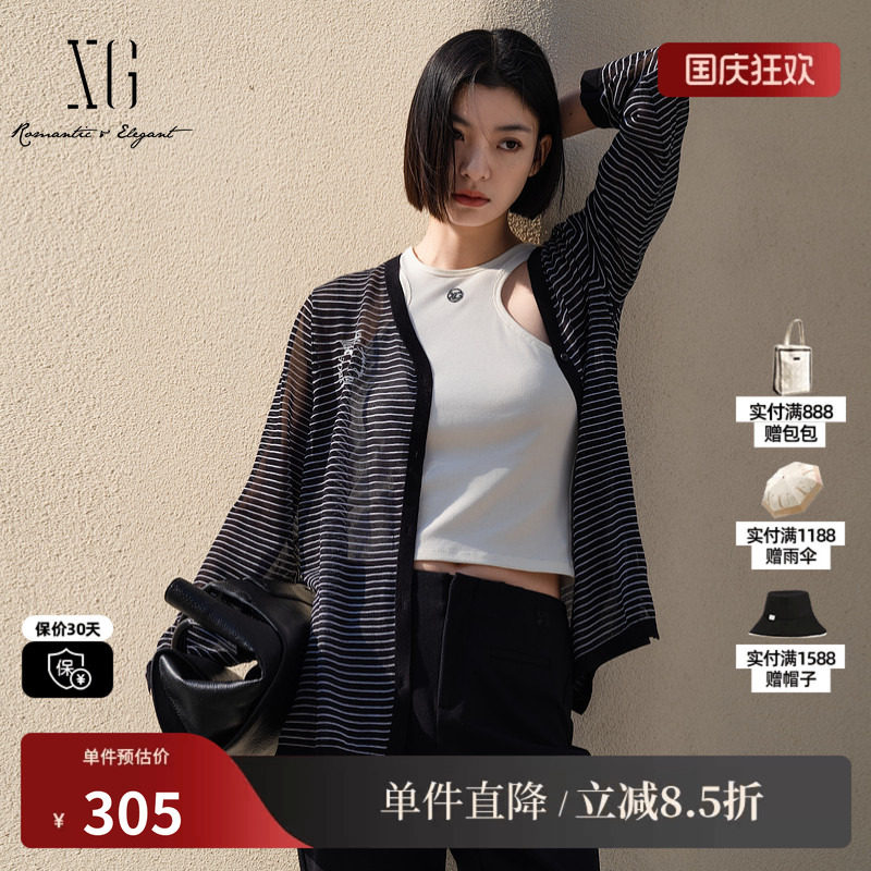 XG/雪歌XL111003B599条纹V领长袖针织开衫黑色印花薄款收腰打底女