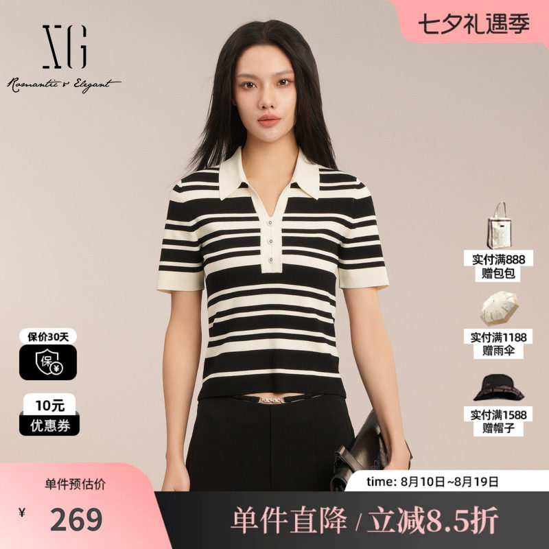 XG/雪歌XK211017B199 黑白条纹短袖毛针织衫polo领修身套头上衣女