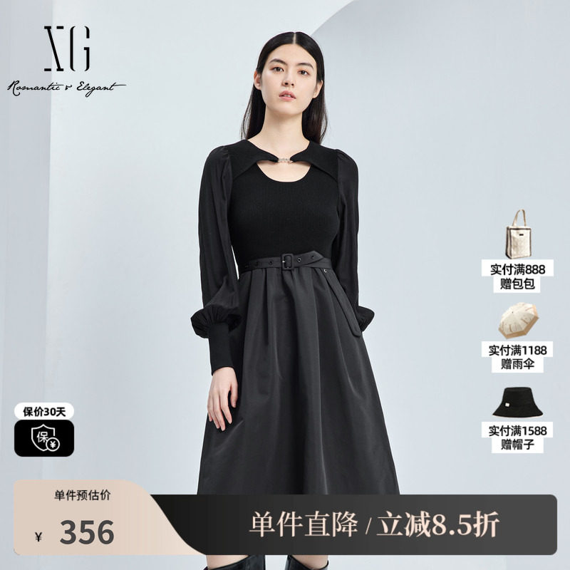 XG/雪歌XJ311038A590黑色长袖连衣裙时尚秋季新款中长款A字裙女装