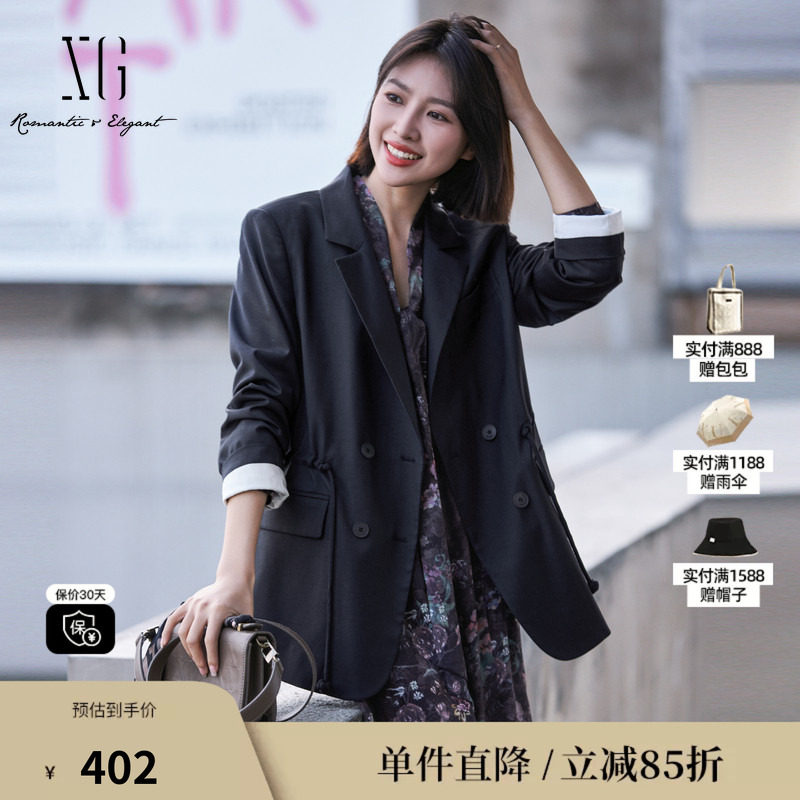 XG雪歌XK107009A390黑色长袖休闲西装2025春季新款抽绳收腰外套女