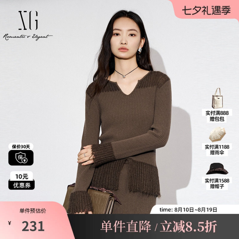 XG雪歌XL311803A844长袖毛针织衫2025秋季新款纯棉羊毛拼接毛衫女