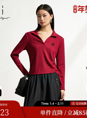 XG雪歌XK101017A113红色长袖T恤2025春季新款V领淑女风套头上衣女