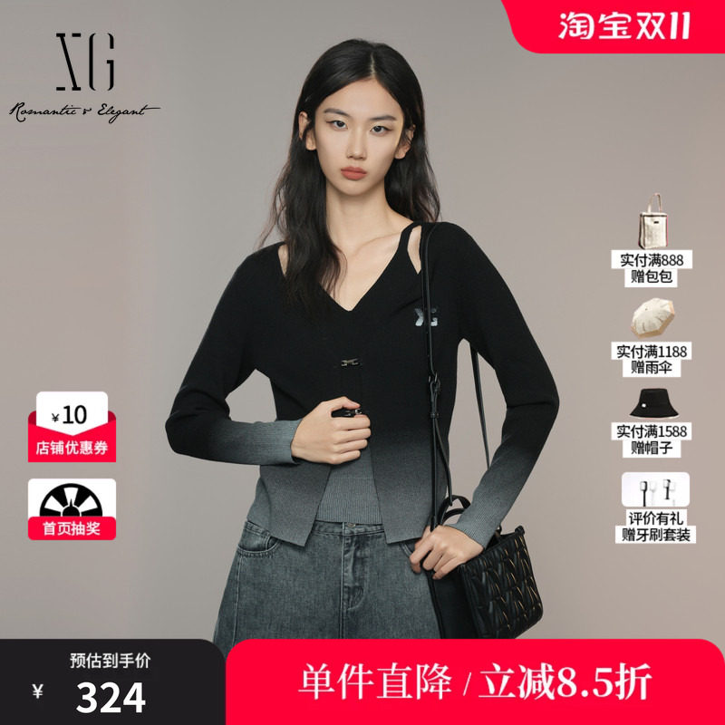 XG/雪歌XK311041B490 渐变假两件长袖毛针织衫感显瘦黑色毛衫女装
