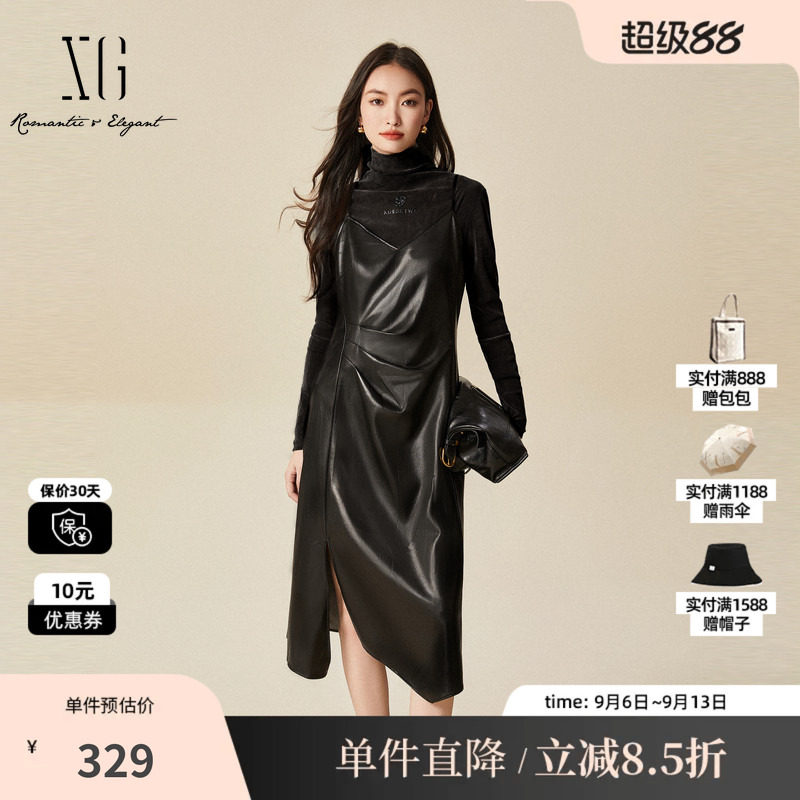 XG/雪歌XJ404011A190两件套长袖连衣裙时尚冬季新款褶皱吊带裙女