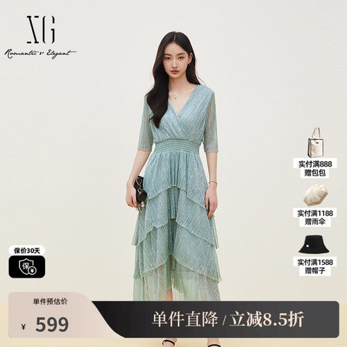XG/雪歌XK204110A945湖水绿亮丝V领短袖连衣裙松紧收腰蛋糕伞裙女