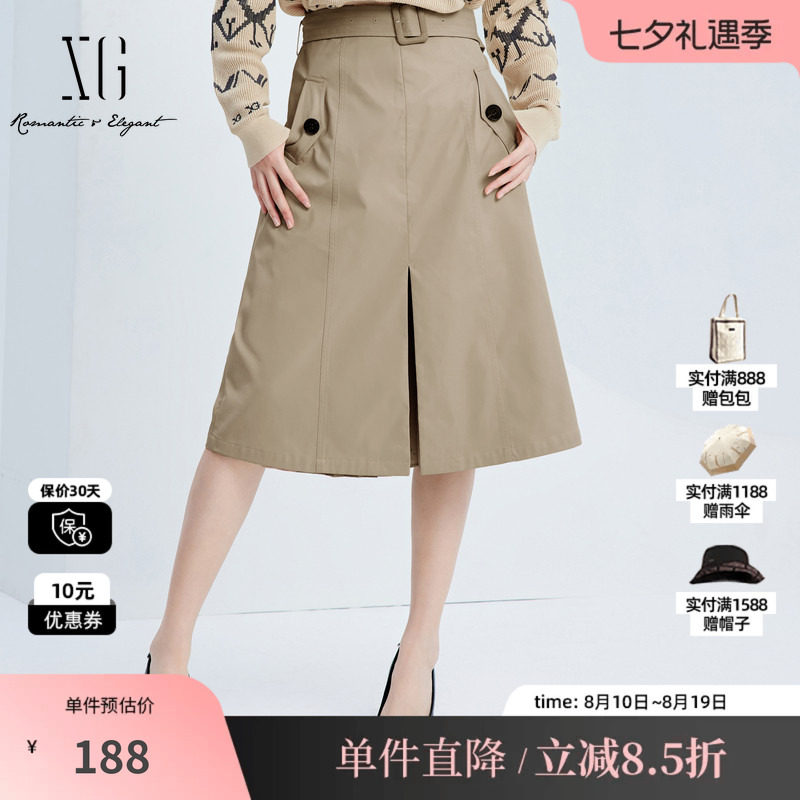 XG/雪歌XJ303008A309百褶开叉半身裙时尚秋季新款卡其色A字裙女装
