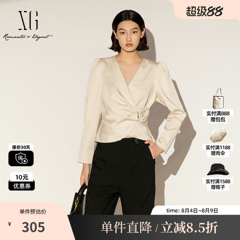 XG/雪歌XL121002A460米色莱赛尔V领长袖衬衫套头收腰淑女短上衣女