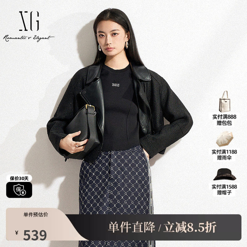 XG雪歌XK107027A190小香风黑色短外套2025春季新款长袖翻领外套女