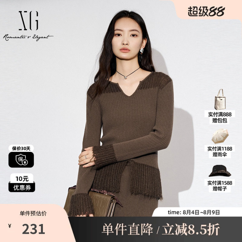 XG雪歌XL311803A844长袖毛针织衫2025秋季新款纯棉羊毛拼接毛衫女