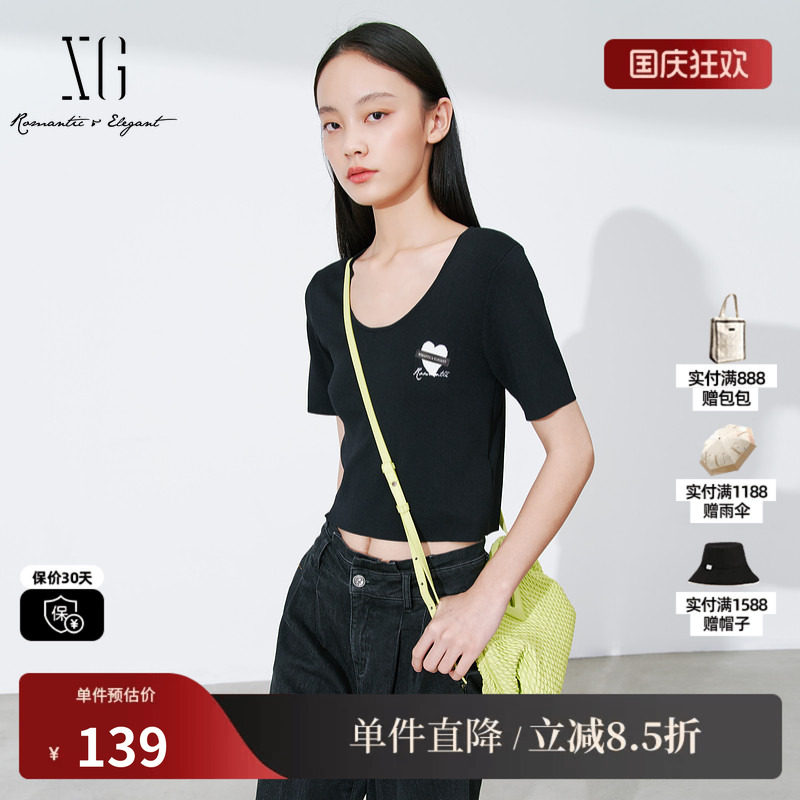 XG雪歌XL111007A490短款黑色毛针织衫2025秋季新款修身套头毛衫女