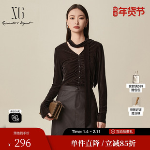 XG/雪歌XK401012A172深咖色长袖T恤2025冬季新款褶皱修身上衣女装