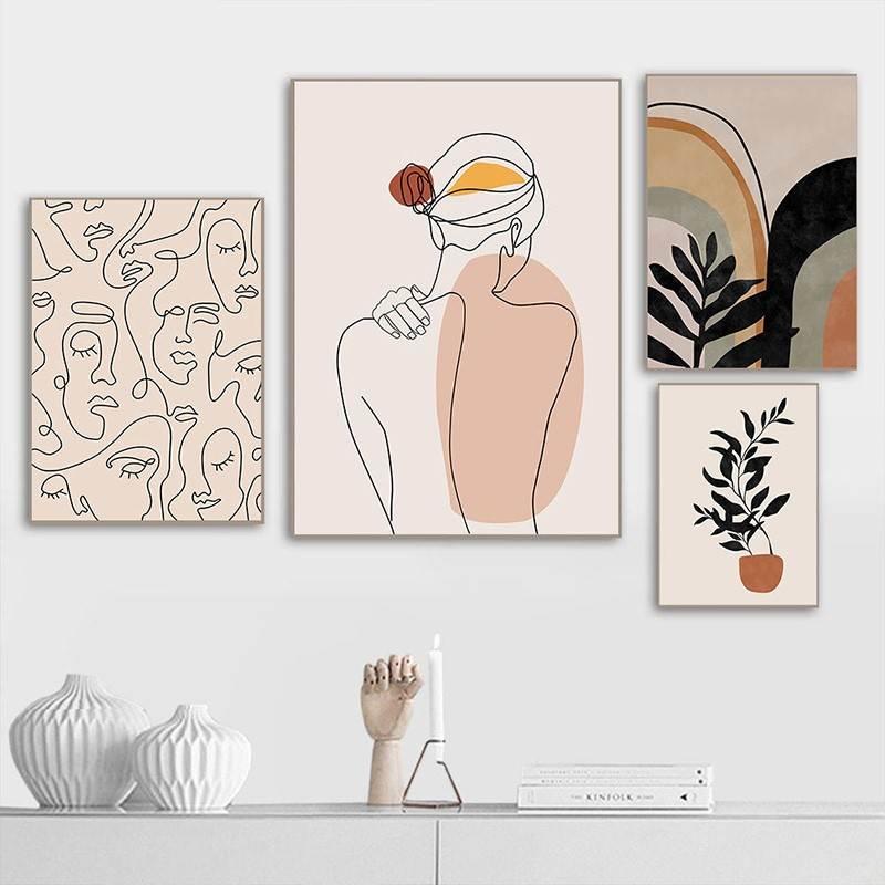 Abstract Line Face Art Leaves Painting Wall Art Home Decor
