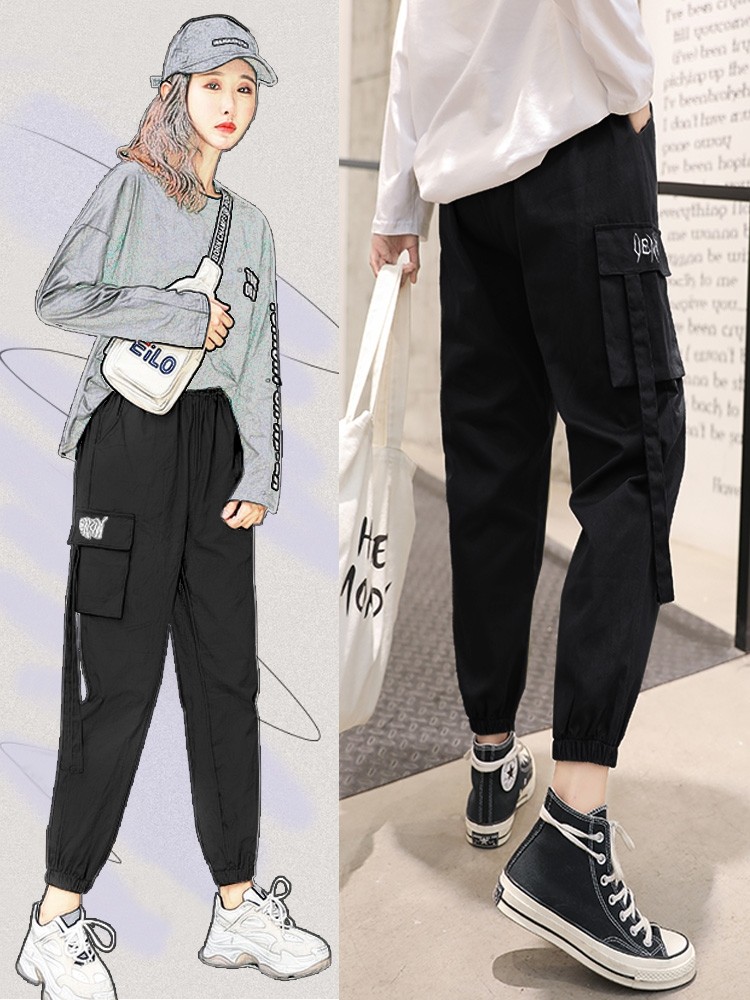 。法式工装裤女酷宽松bf帅气街头束脚150cm八分小个子直筒休闲裤1