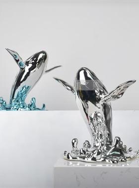 设计师款式鲸鱼落地雕塑摆件抽象海豚玻璃钢售楼处大堂酒店艺术品