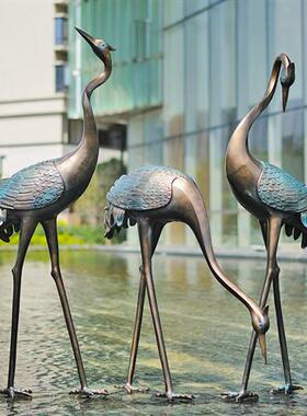 户外仙鹤雕塑水池玻璃钢庭院园林仿铜装饰抽象中式丹顶鹤景观摆件