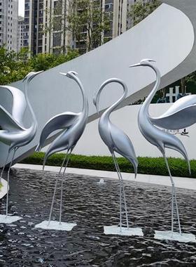仿不锈钢仙鹤雕塑摆件售楼部水池造景白鹭丹顶鹤白天鹅装饰园林