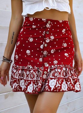 2021 new short skirt red ruffled print skirt women 半身裙女