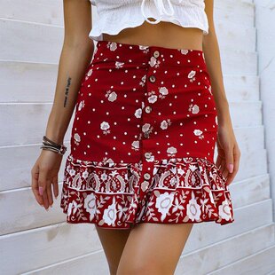 2021 new short skirt red ruffled print skirt women 半身裙女