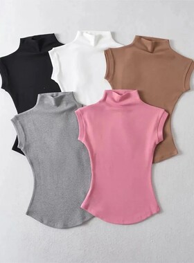 Half high neck solid color short sleeved top半高领短袖上衣女